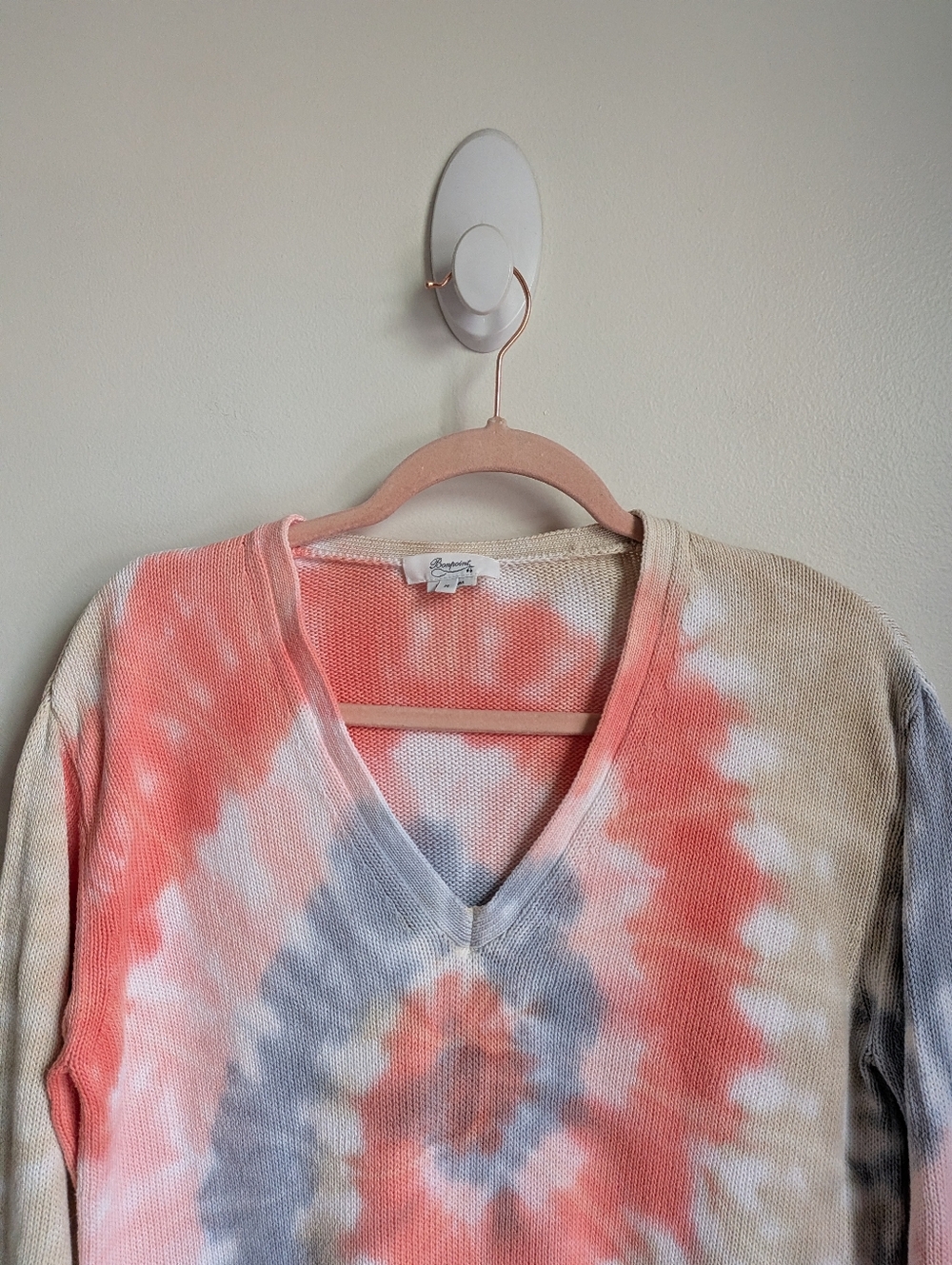 BONPOINT Orange Blue Bohemian Casual Cotton Tie Dye V Neck Sweater Size Medium - Picture 2 of 11